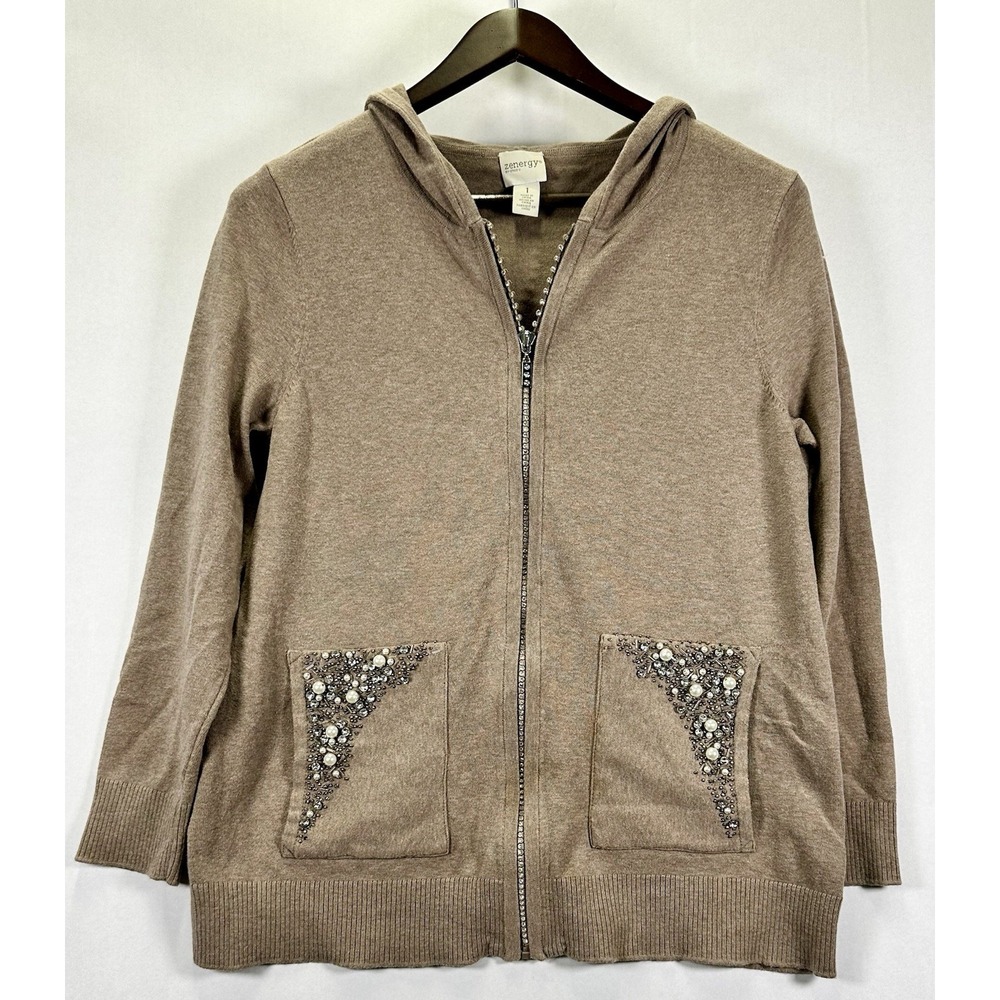 ZENERGY by CHICOS Zip Front Sweater  Size 1  with Rhinestone & Pearl Tan Size‎ 1